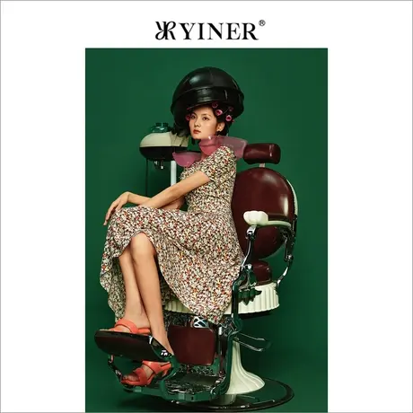 YINER音儿女装夏季时尚高腰碎花桑蚕丝修身连衣裙商品大图