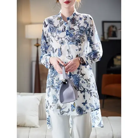 宝诗黎中长款印花长袖衬衫2024春季气质设计感优雅棉质休闲女装商品大图