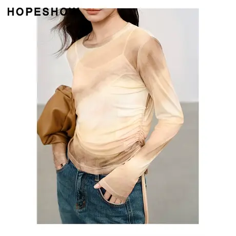 红袖设计晕染印花圆领上衣hopeshow2024春季新款时尚抽绳短款长袖图片