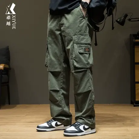 希越潮牌军绿色直筒休闲裤子男2024春季宽松大码男士工装纯棉长裤商品大图