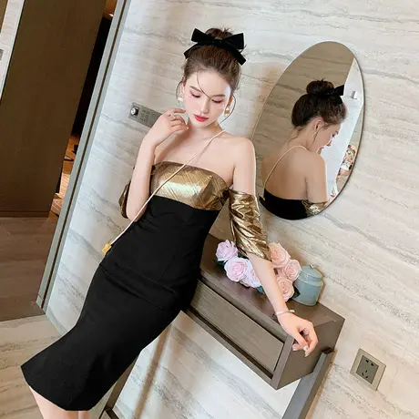 一字肩抹胸露肩连衣裙女气质辣妹风包臀裙性感拼接小礼服平时可穿商品大图