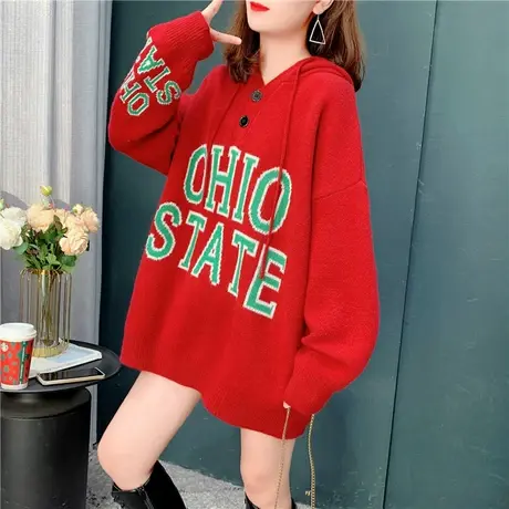 新年红色字母连帽毛衣女秋冬2021年新款宽松慵懒风中长款针织上衣图片