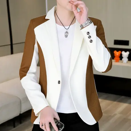 拼接撞色时尚小西装男士韩版春季华夫格外套上衣ins帅气修身西服商品大图