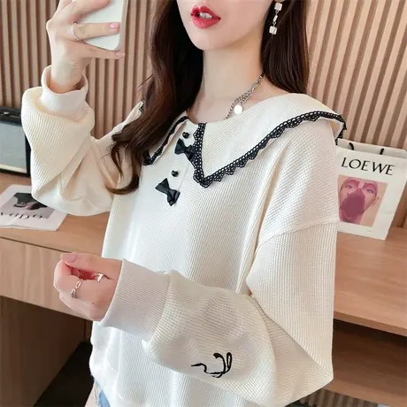 设计感小众翻领polo衫卫衣女春秋韩版宽松大码薄款华夫格上衣外套商品大图