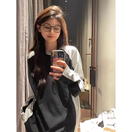 插肩袖撞色长袖t恤女秋季2023新款美式复古小众设计感打底衫上衣图片