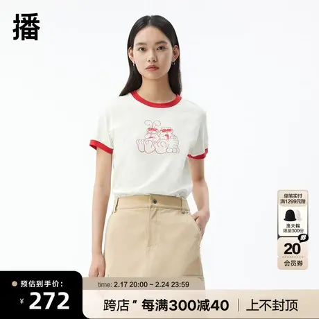 播商场同款2023春领口拼接彩色罗纹卡通印花T恤女BDQ3YD0715商品大图