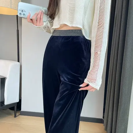 藏蓝色金丝绒阔腿裤女春秋新款高腰宽松显瘦休闲拖地直筒垂感裤子图片