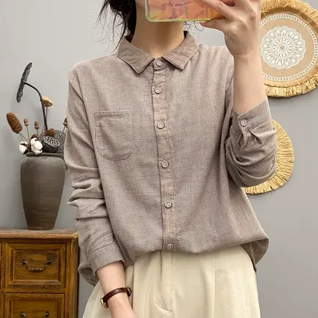 春秋装韩版复古千鸟格子双层棉纱长袖衬衫女简约宽松百搭打底上衣商品大图