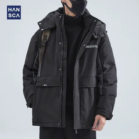 hansca中长款连帽羽绒服男冬季加厚保暖青少年潮流休闲工装外套男图片