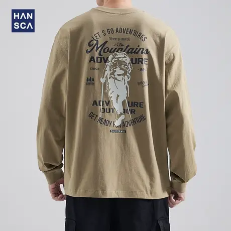 hansca 260g精梳棉长袖t恤男秋季美式重磅字母印花宽松休闲打底衫商品大图