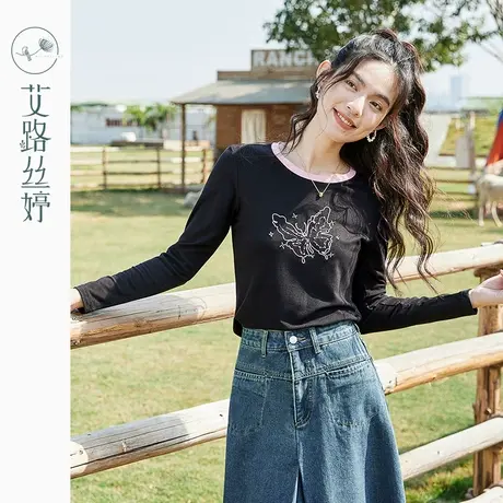 艾路丝婷弧形下摆t恤女长袖2024春秋季新款撞色圆领正肩显瘦体恤商品大图