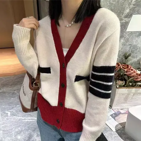 春装V领针织开衫女外穿2024年春款女装新款洋气短款条纹毛衣外套商品大图