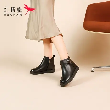 红蜻蜓靴子女鞋2024年冬季新款单靴女加绒马丁英伦厚底瘦瘦短靴女商品大图