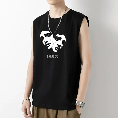 纯棉背心男潮夏季外穿宽松健身运动跨栏坎肩篮球黑色宽肩无袖t恤商品大图