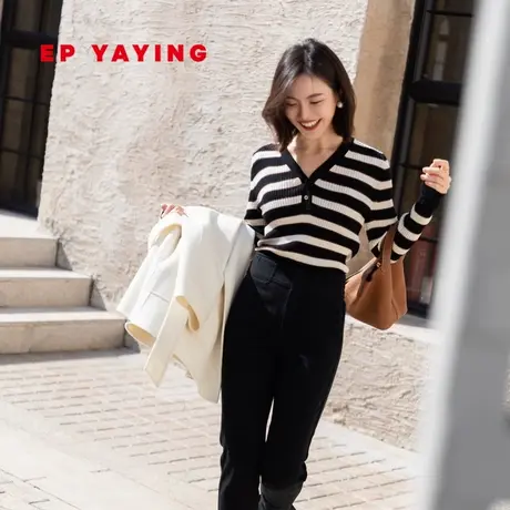 [小香风]EP雅莹女装 美利奴羊毛V领条纹内搭针织衫 商场同款9925A商品大图