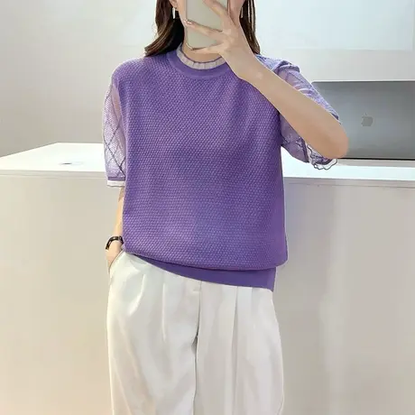 镂空针织衫上衣女2023年早秋季新款圆领短袖内搭薄款洋气打底衫潮商品大图