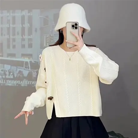 2023秋冬新款韩版圆领绣花麻花宽松长袖针织衫女套头毛衣百搭图片