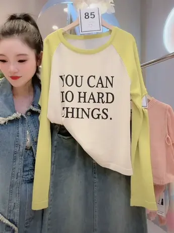 春夏新款设计感小众撞色字母拼接镂空长袖T恤宽松通勤百搭上衣潮商品大图