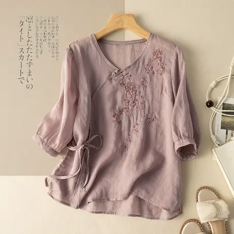 享永子七分袖刺绣苎麻上衣文艺复古斜襟精致绣花棉麻小衫2023新款商品大图