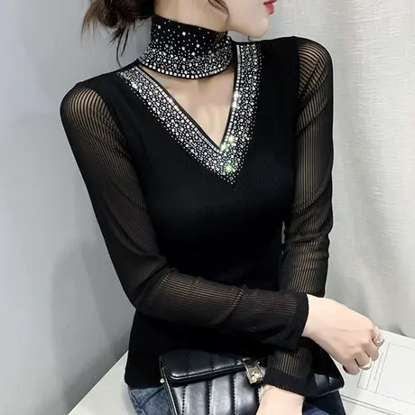 性感镂空网纱T恤女长袖2023春装新款洋气烫钻上衣潮高领打底小衫商品大图