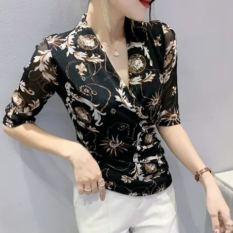 夏季V领T恤女中袖性感网纱打底衫复古气质印花上衣欧货独特体恤潮商品大图