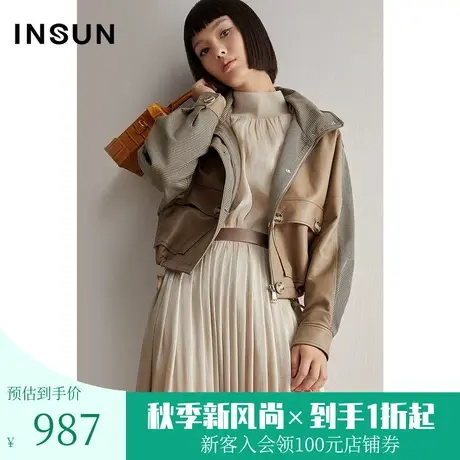 恩裳冬季经典连帽撞料拼接绵羊皮真皮皮衣外套女宽松短款商品大图