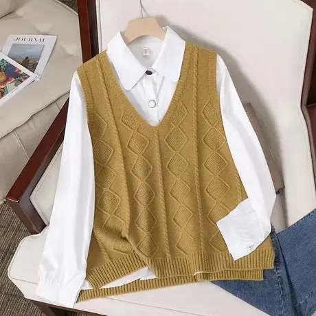 马甲女2023秋季新款v领菱形麻花针织背心外穿无袖坎肩宽松毛衣女图片