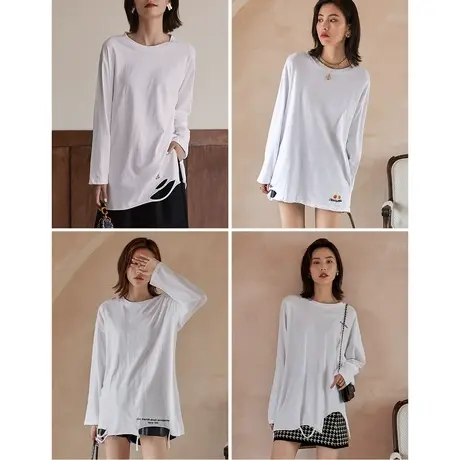 弥古白色长袖纯棉t恤上衣女小众设计感破洞内搭打底衫秋季中长款商品大图