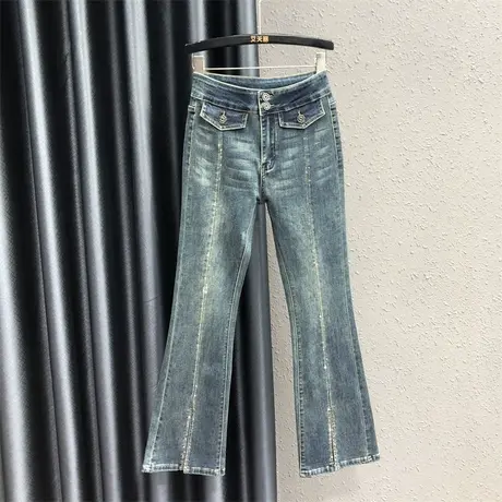 洋气烫钻重工时髦喇叭裤港味女秋新款开叉显瘦高腰弹力牛仔微喇裤图片