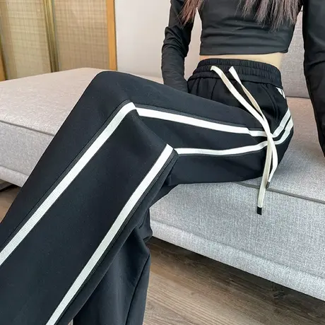 春秋设计感条纹运动裤女微胖女孩宽松直筒休闲裤显瘦垂感阔腿长裤图片
