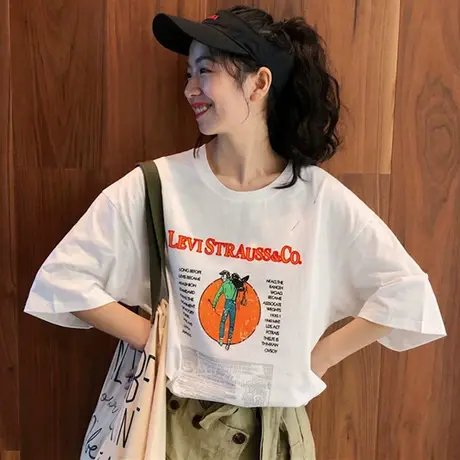 超火cec短袖t恤女纯棉宽松学生ins洋气百搭慵懒风怪味丧系上衣服商品大图