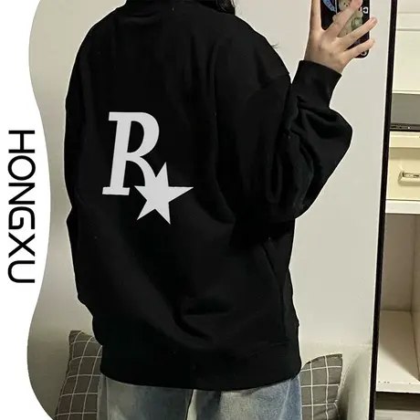 红续秋冬复古新款印花黑色圆领卫衣女宽松显瘦百搭加厚学生上衣潮图片