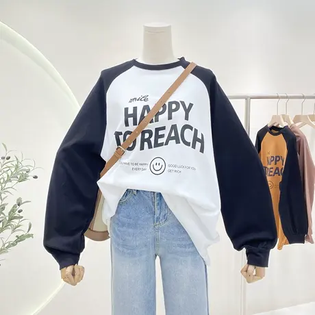 插肩袖打底衫女2023春季款复古印花字母宽松拼色中长款t恤女长袖商品大图