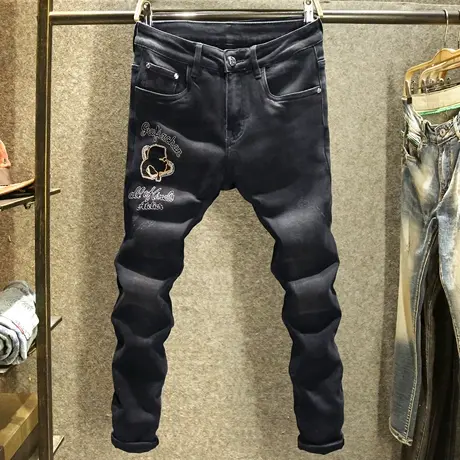 欧洲站黑色刺绣牛仔裤男款修身显瘦弹力裤子秋季潮牌烫钻小脚长裤商品大图