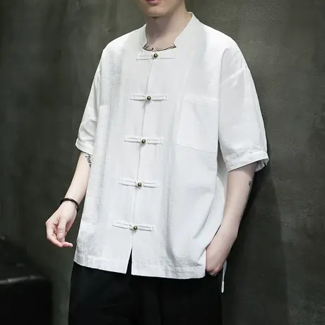 新中式休闲亚麻衬衫中国风男装唐装大码铜盘扣外套棉麻五分袖衬衣商品大图