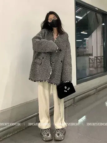 胖mm大码小香风毛呢外套女春秋款韩版宽松双排扣斑马纹上衣200斤商品大图
