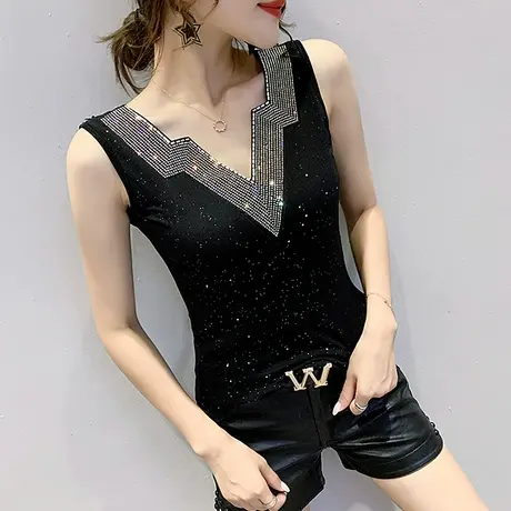 吊带背心女外穿时尚V领美背西装内搭打底衫显瘦无袖上衣烫钻T恤女商品大图