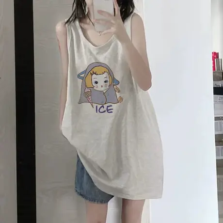 纯棉吊带运动坎肩背心无袖t恤女夏季设计感小众外穿宽松挂脖上衣商品大图