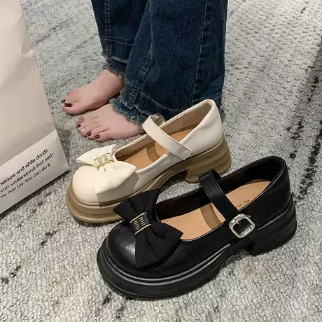 法式玛丽珍鞋子女春秋2024新款蝴蝶结乐福单鞋厚底粗跟英伦小皮鞋图片