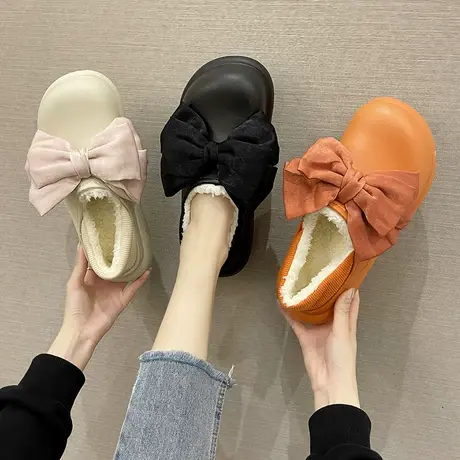 蝴蝶结棉拖鞋女秋冬季防水居家室内保暖加绒厚底包跟月子毛毛棉鞋图片