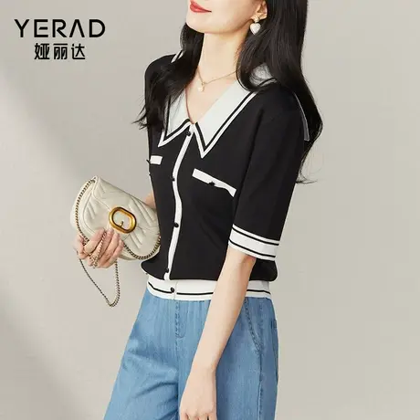 娅丽达针织t恤女小香风2023夏新款设计感POLO领上衣黑色短袖体恤图片