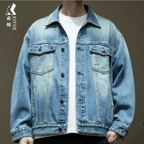 希越复古拼接牛仔外套男2024春季新款宽松大码痞帅男友风夹克衬衣商品大图