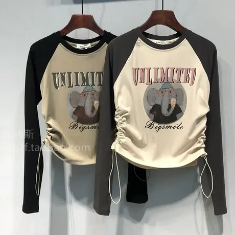 2023秋装 韩国东大门新款双侧抽绳袖子拼色小个子短款辣妹T恤女潮图片