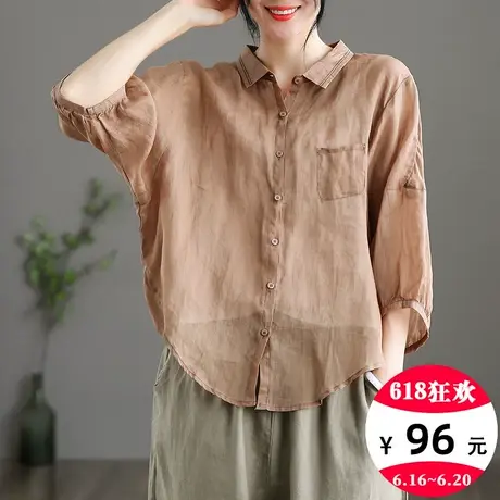 dza 苎麻短袖女士衬衫2022夏季新薄款七分袖棉麻上衣宽松衬衣开衫图片