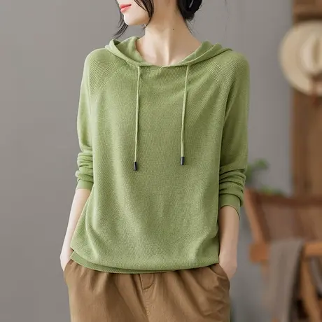 dza 复古连帽针织衫女士纯色宽松打底衫早春薄款毛衣洋气内搭上衣商品大图