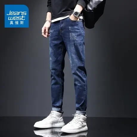 KZ真维斯修身小脚破洞牛仔长裤男春秋季2025新款小直筒潮牌男裤子商品大图