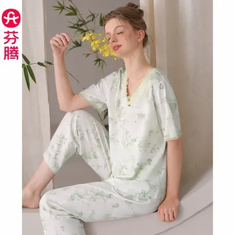 芬腾女士睡衣夏季薄款纯棉V领短袖套装抗菌休闲加大码女款家居服商品大图