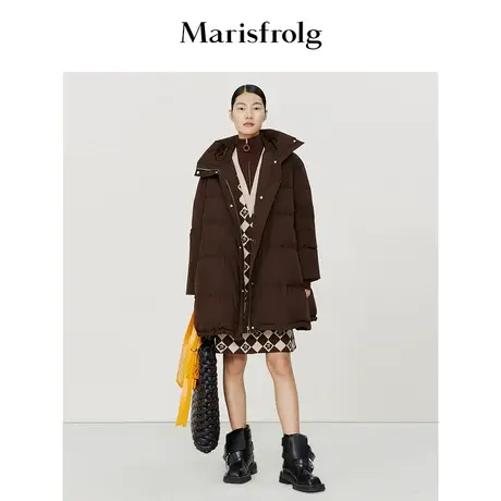 【大白鹅羽绒服】玛丝菲尔冬季棕色连帽长款翻领面包羽绒服商品大图