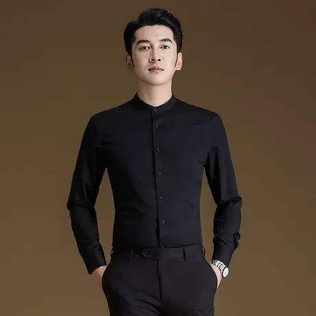 POWO男士衬衫长袖商务休闲2025新款春季韩版修身微弹免烫立领衬衣商品大图
