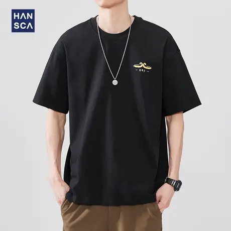 hansca 夏季针织短袖T恤男款潮牌印花体恤2025新款宽松微落肩上衣商品大图